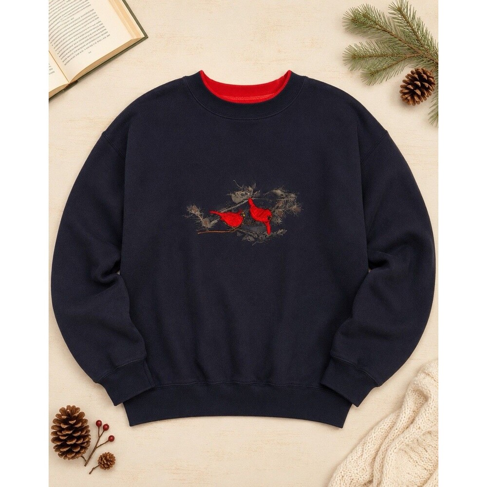 Vintage Faded Glory Cardinal Embroidered Sweatshirt Womens 1X Navy Birds